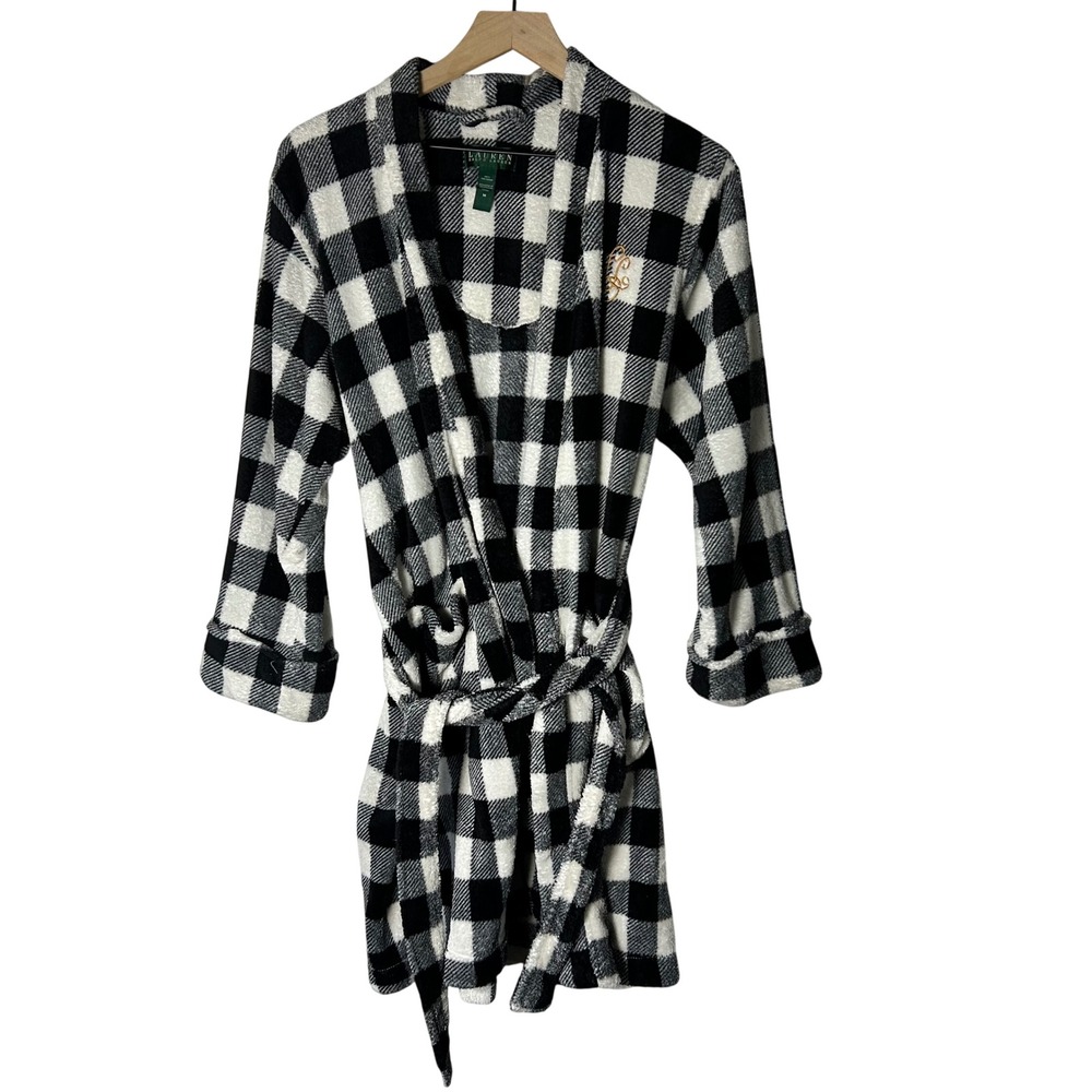 Lauren Ralph Lauren Robe Women Medium Black White Buffalo Plaid Fleece Monogram